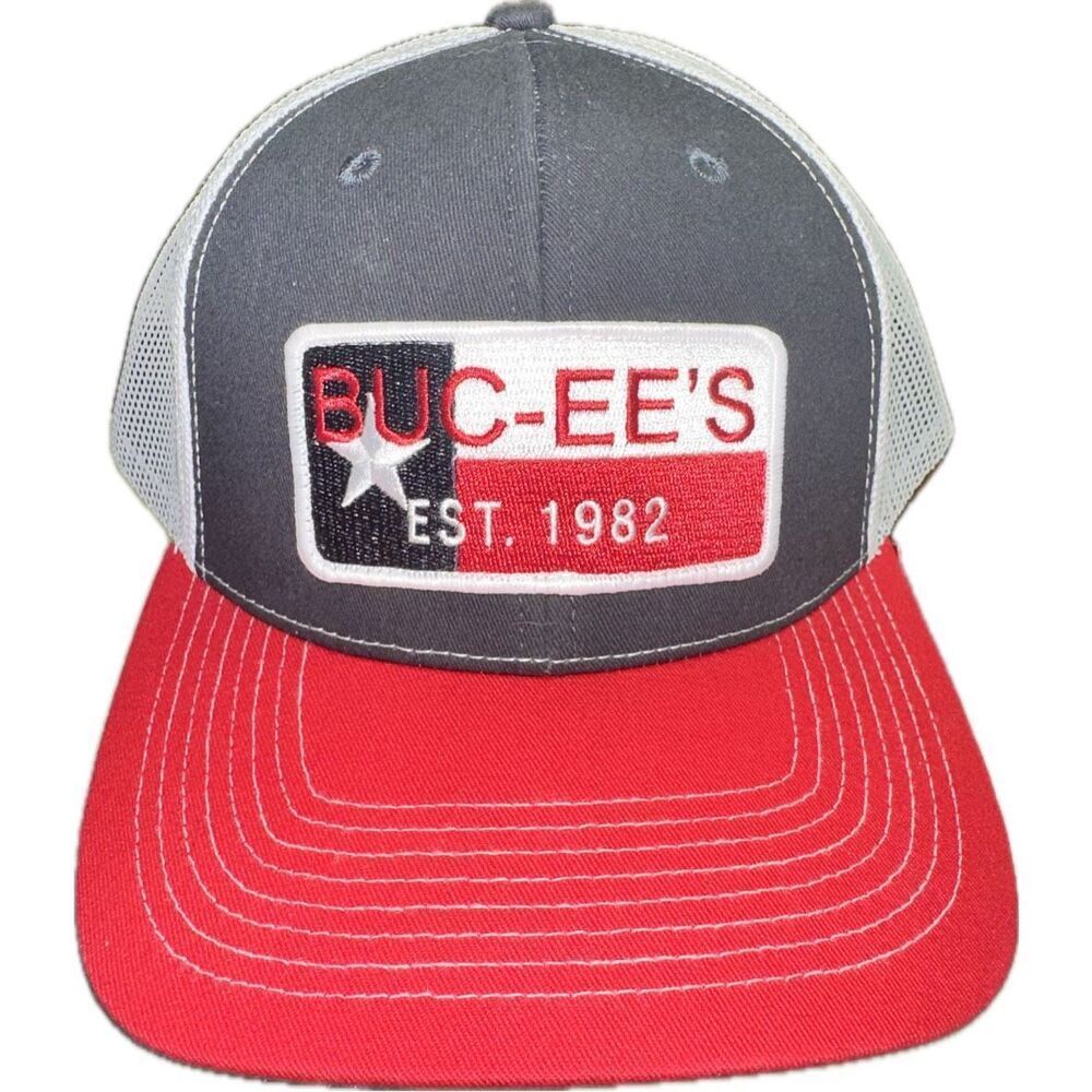 Buc-ees Hat Cap Mens Adjustable Black Red Preppy Embroidered Logo Spell‎ Out